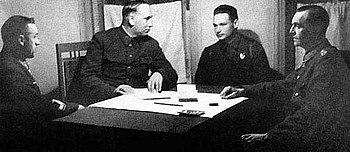 The interrogation of Paulus at Don Front HQ. Left to right: General Rokossovsky, Marshal Voronov, Dyatlenko and Field Marshal Paulus